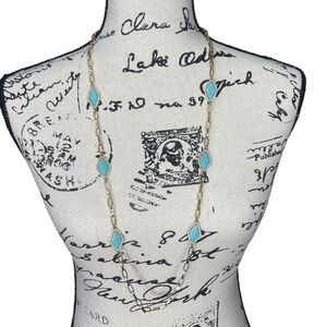 Ralph Lauren Gold Tone 18” Drop Boho Trendy Chain Link Turquoise Necklace